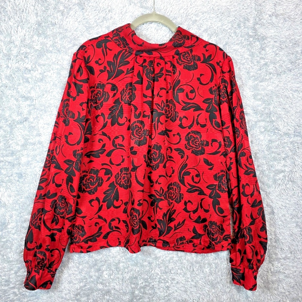 Vtg Red Black Chiffon Floral Top Laura and Jane Secretary High Neck Medium